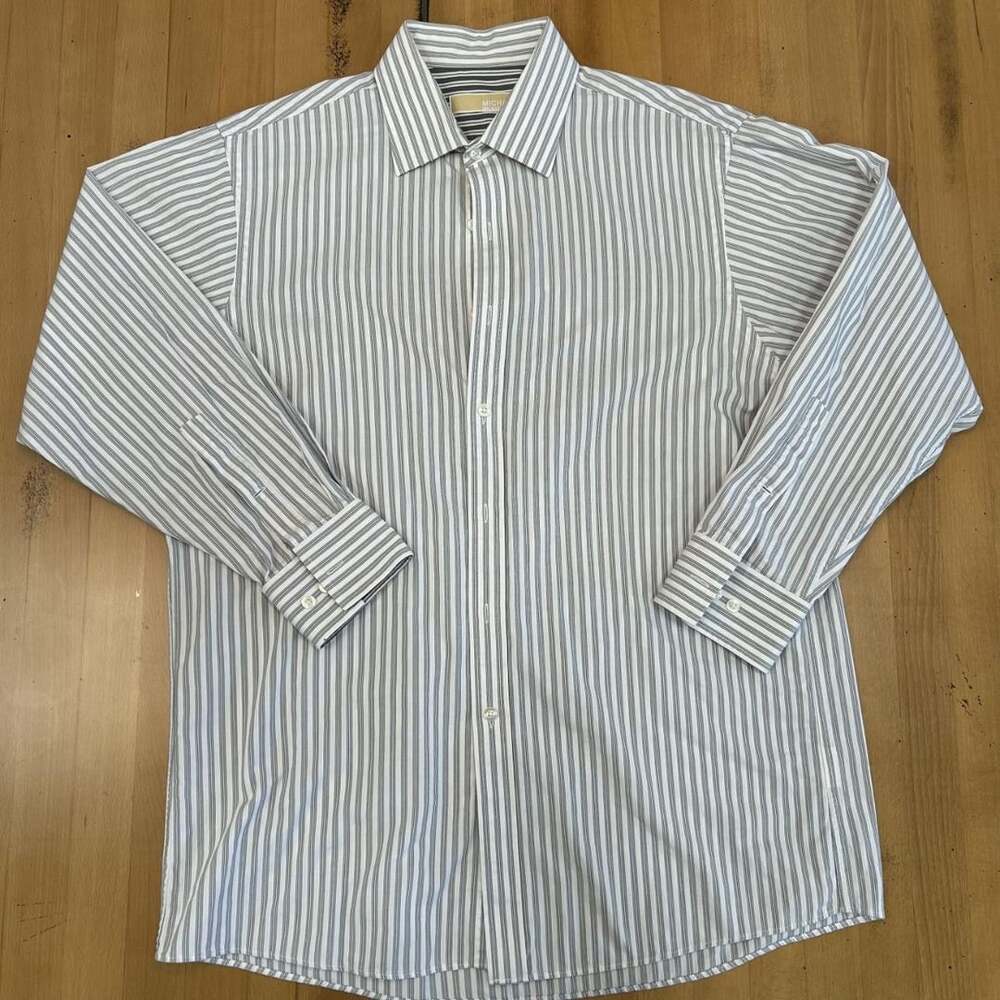 MICHAEL Michael Kors Striped Button-Up Shirt Size L White Gray Long Sleeve